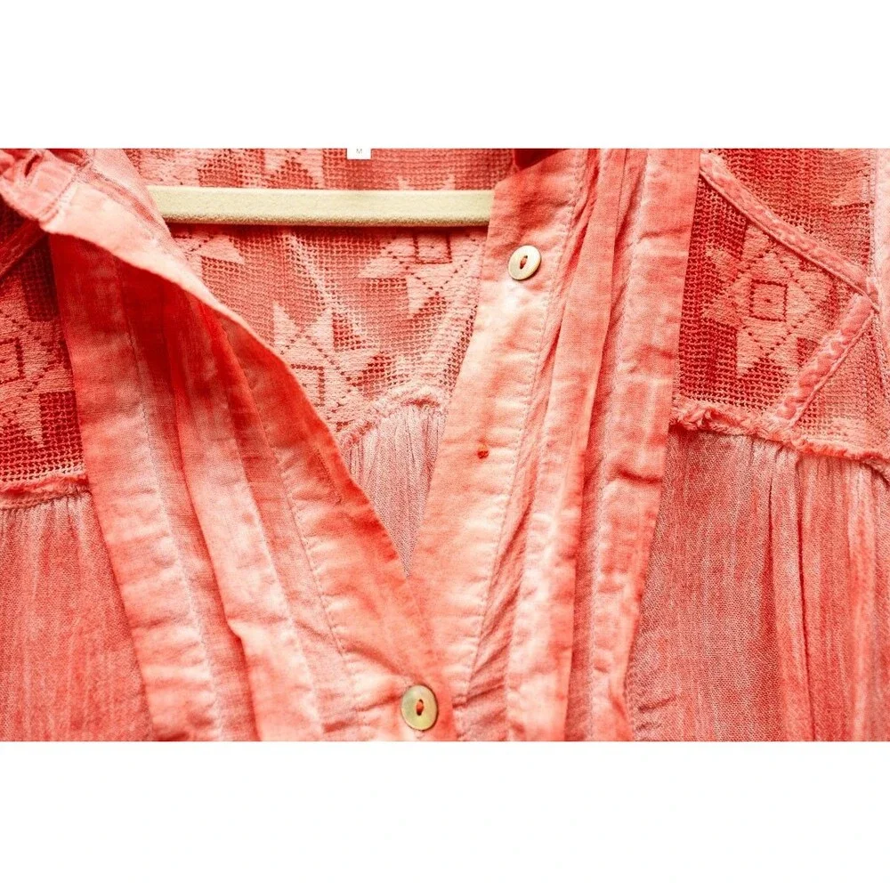 Free People Gauze Acid Wash Tie Dye Tunic Top Coral Boho‎ M